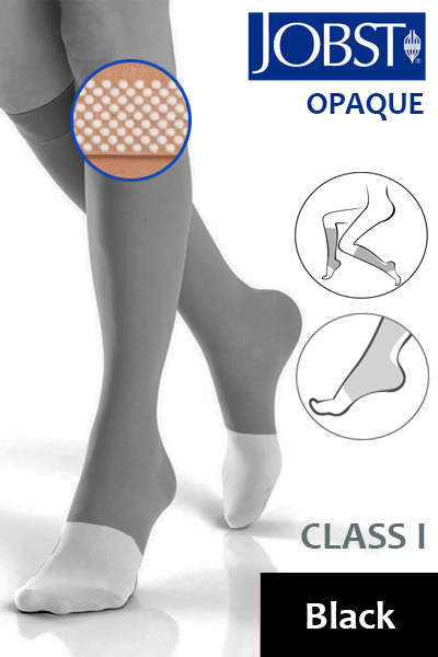 Jobst Opaque Class 1 Black Knee High Compression Stockings With Open Toe And Dotted Silicone 3168