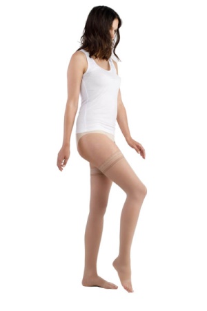 Sigvaris Style Semitransparent Class 1 Thigh Skin Compression Stockings with Knobbed Grip and Open Toe