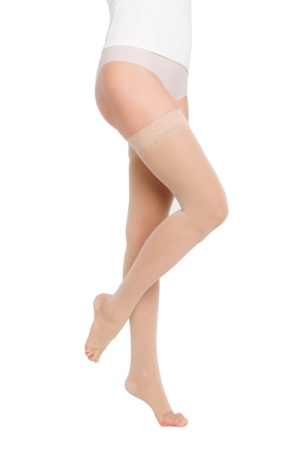 Sigvaris Style Semitransparent Class 2 Thigh Skin Compression Stockings with Lace Grip and Open Toe