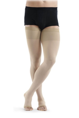 Sigvaris Traditional Unisex Class 3 Thigh High Beige Compression Stockings with Grip Top and Open Toe